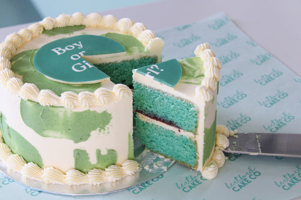 Sage Coloured Gender Reveal Celebration Cake