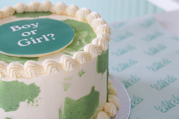 Sage Coloured Gender Reveal Celebration Cake